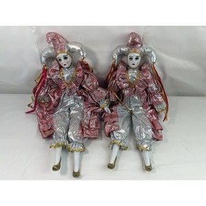 2 Of Mardi Gras Clown Girl with Porcelain Fancy Pink Clothes‎ , Shelf-sitter